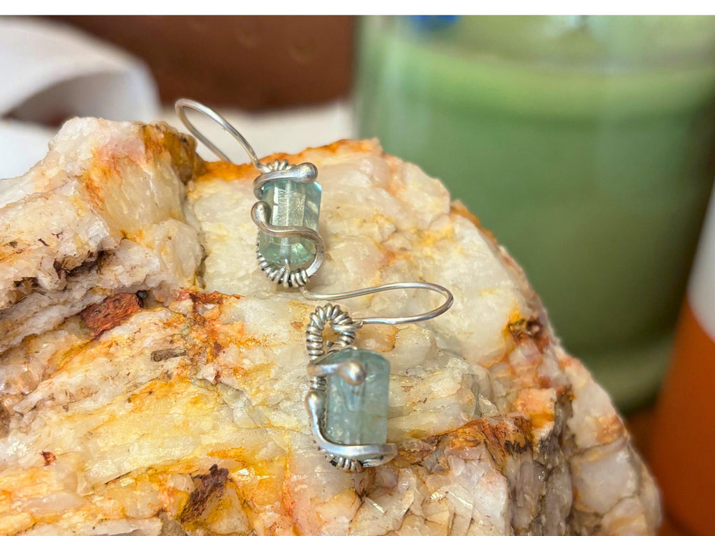 Wire Wrapped Earrings: Raw Aquamarine and Silver