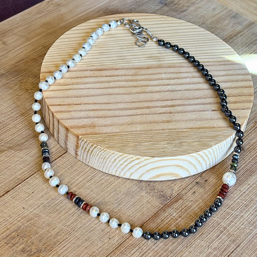 Pearl, Hematite, & Jasper Necklace
