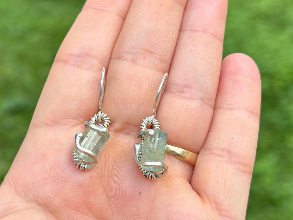 Wire Wrapped Earrings: Raw Aquamarine and Silver