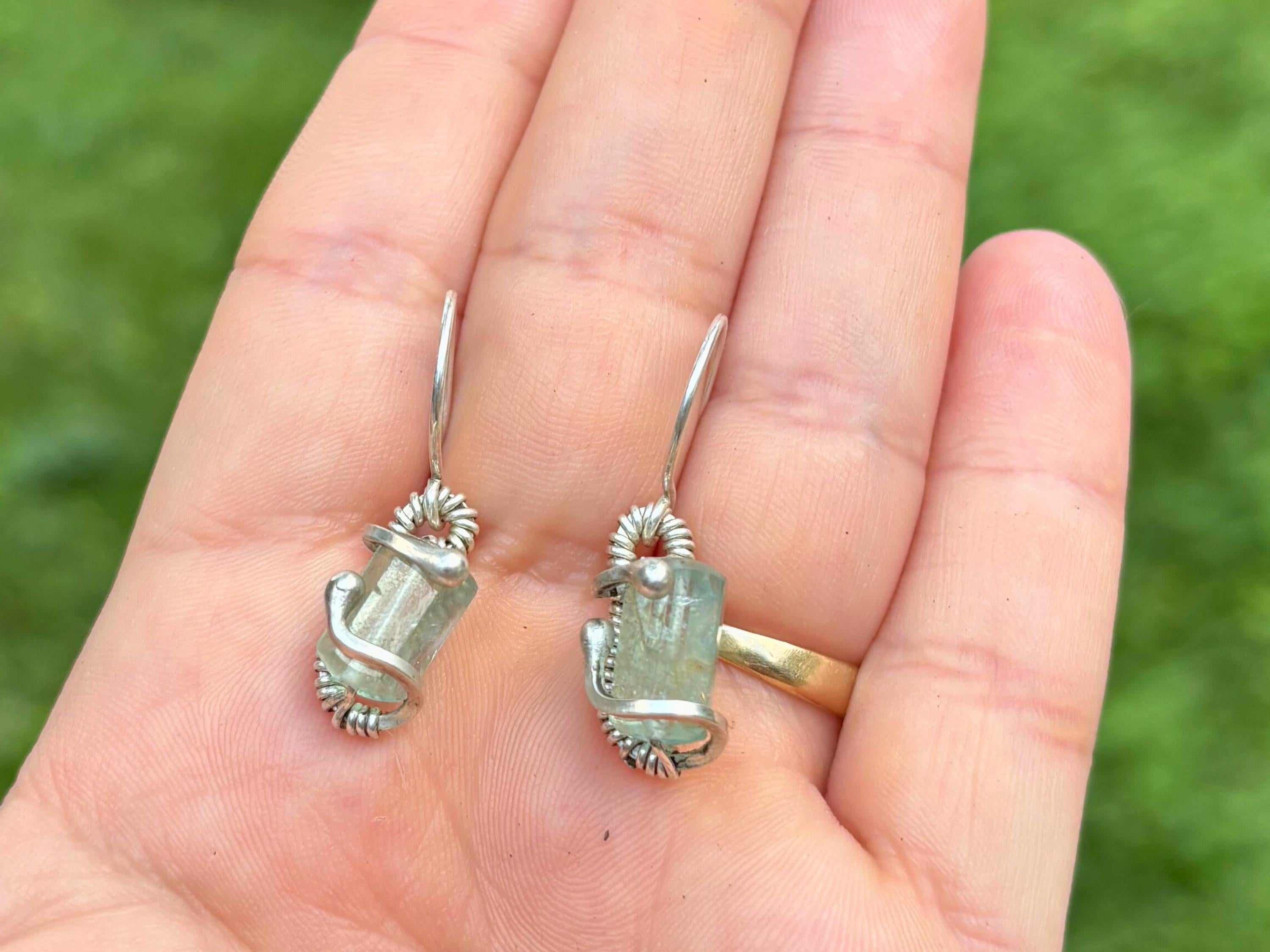 Wire Wrapped Earrings: Raw Aquamarine and Silver