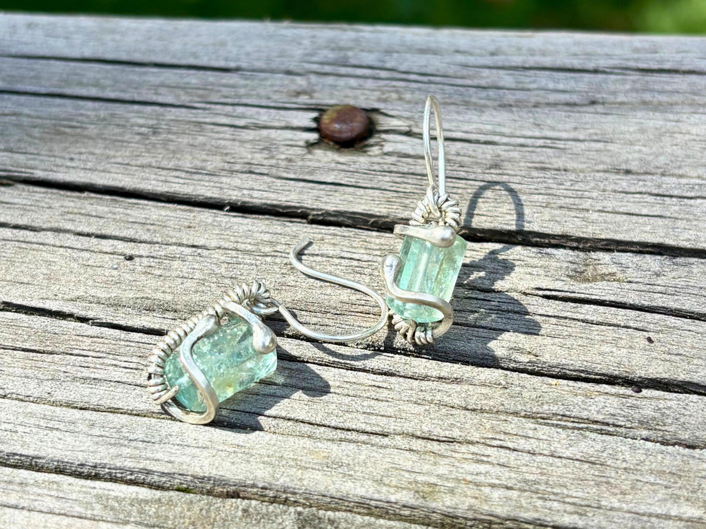 Wire Wrapped Earrings: Raw Aquamarine and Silver