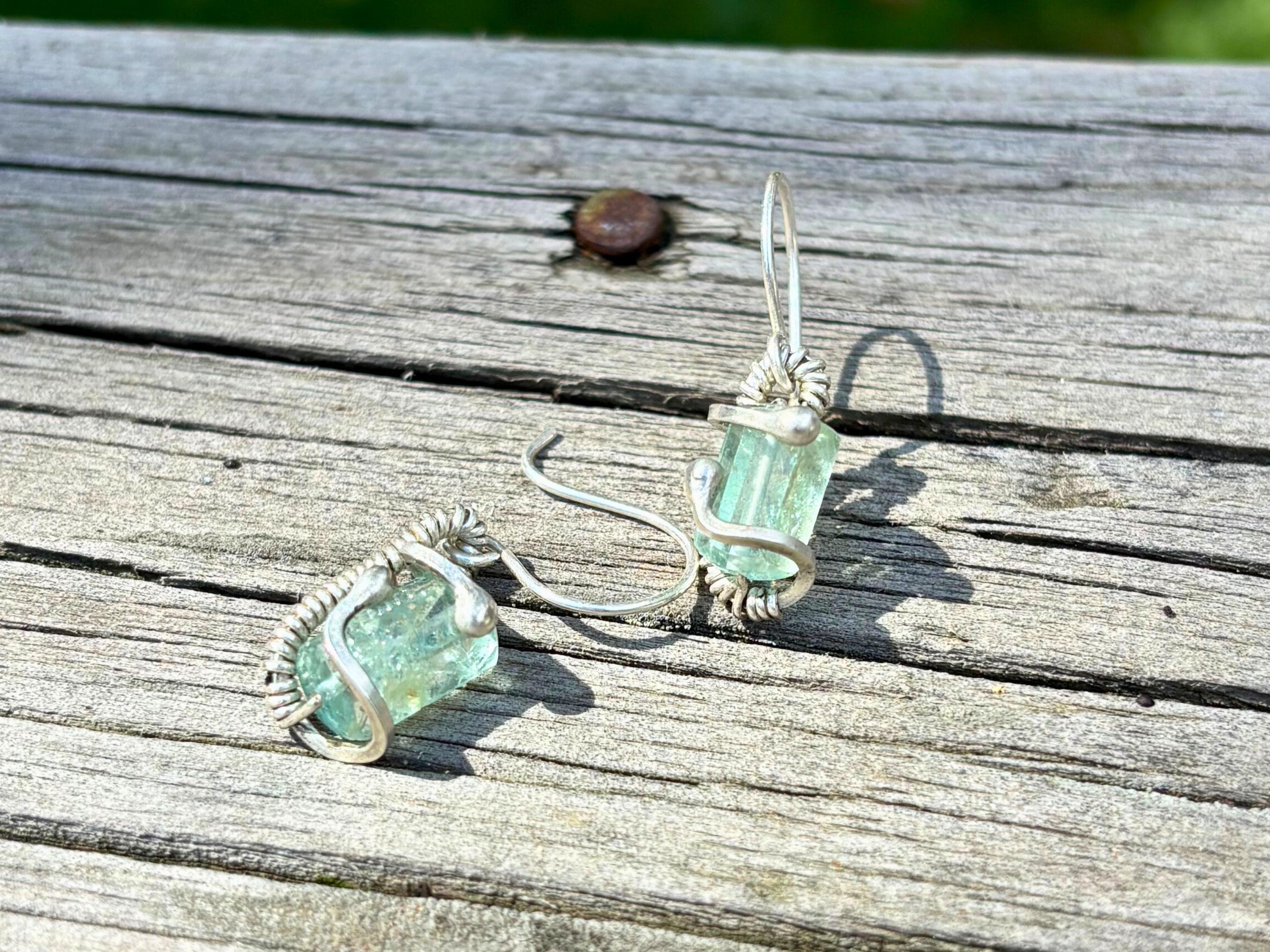 Wire Wrapped Earrings: Raw Aquamarine and Silver